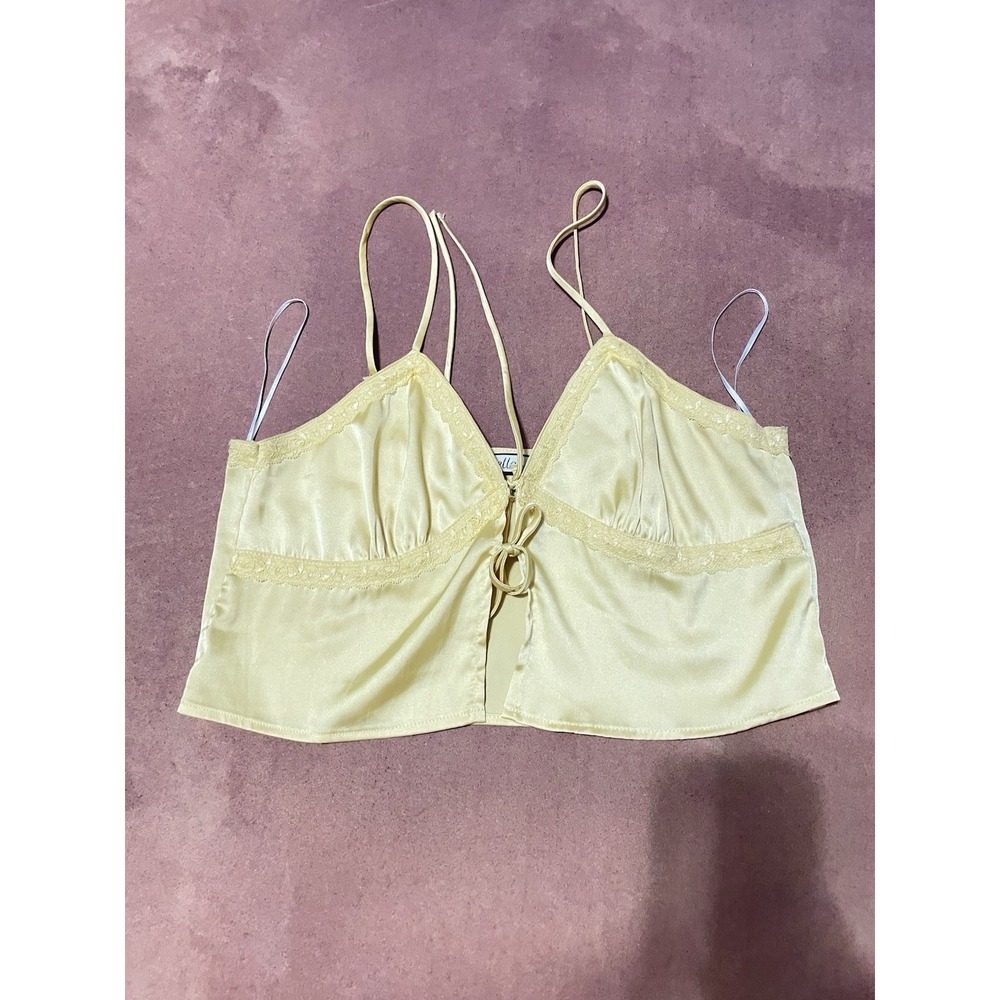 2 Bella Yellow Satin Short Cropped Tank Top Front Tie Size S/M Coquette Bohemian - Picture 12 of 12
